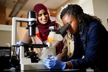 Two researchers at a microscope