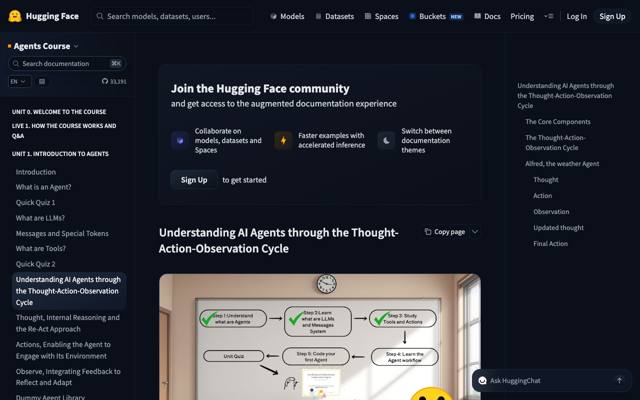 Screenshot of Hugging Face Agents Course: the Thought, Action, Observation cycle
