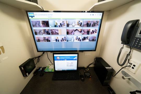 A monitoring station with many camera screens